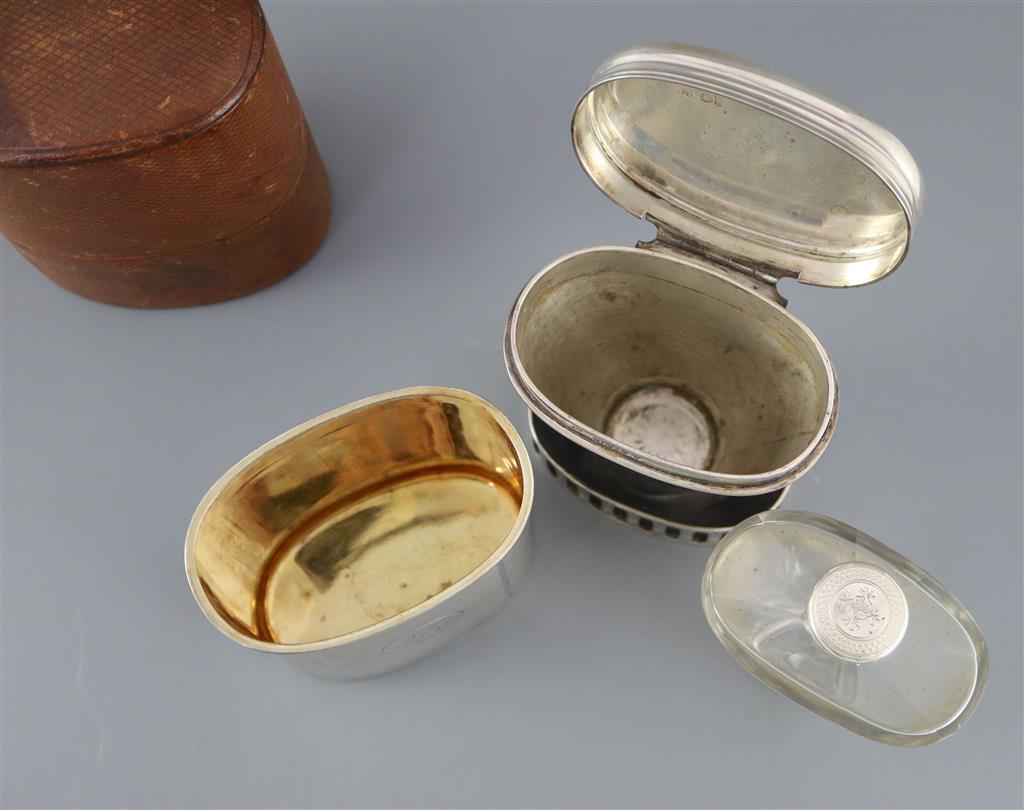 A leather cased Victorian travelling silver hip flask and warmer, by Thomas Johnson I,
